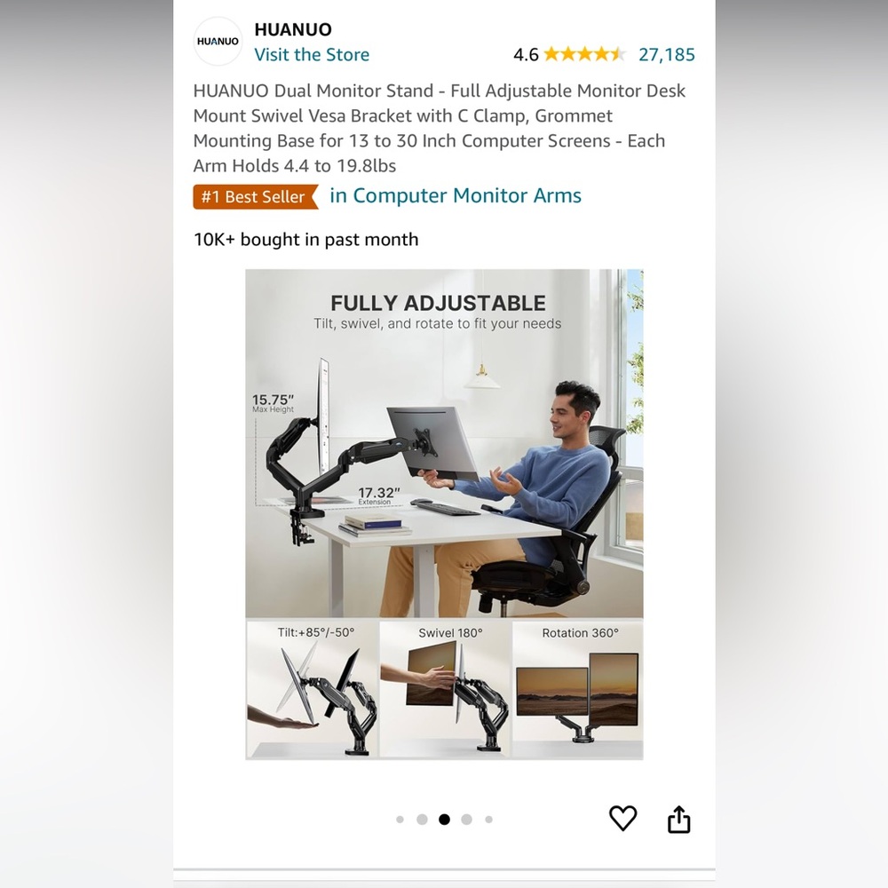 HUANUO DUAL MONITOR DESK ARM ADJUSTABLE - Picture 3 of 11